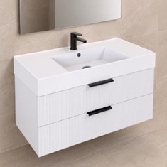 Fluted Floating Bathroom Vanity - 40 inch, Modern, Glossy White, Fluted Cabinet