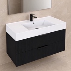 Fluted Floating Bathroom Vanity - 40 inch, Modern, Matte Black, Fluted Cabinet