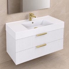 Fluted Floating Bathroom Vanity - 40 inch, Modern, Glossy White, Gold Handles, Fluted Cabinet