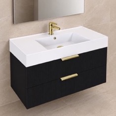 Fluted Floating Bathroom Vanity - 40 inch, Modern, Matte Black, Gold Handles, Fluted Cabinet