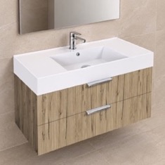 Fluted Floating Bathroom Vanity - 40 inch, Modern, Rustic Brown Oak, Chrome Handles, Fluted Cabinet