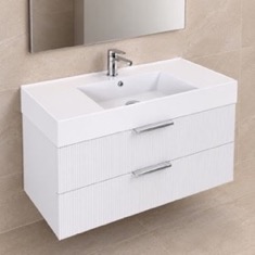 Fluted Floating Bathroom Vanity - 40 inch, Modern, Glossy White, Chrome Handles, Fluted Cabinet