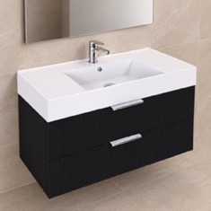 Fluted Floating Bathroom Vanity - 40 inch, Modern, Matte Black, Chrome Handles, Fluted Cabinet