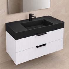 Fluted Floating Bathroom Vanity - 40 inch, Modern, Glossy White, Fluted Cabinet