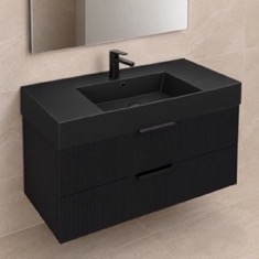 Fluted Black Floating Bathroom Vanity - 40 inch, Modern, Matte Black, Fluted Cabinet