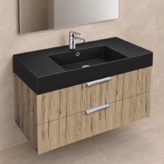 Fluted Floating Bathroom Vanity - 40 inch, Modern, Rustic Brown Oak, Gold Handles, Fluted Cabinet