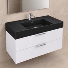 Fluted Floating Bathroom Vanity - 40 inch, Modern, Glossy White, Gold Handles, Fluted Cabinet