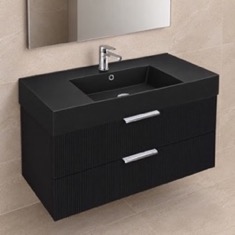 Fluted Black Floating Bathroom Vanity - 40 inch, Modern, Matte Black, Gold Handles, Fluted Cabinet
