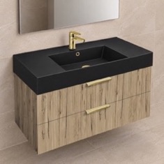 Fluted Floating Bathroom Vanity - 40 inch, Modern, Rustic Brown Oak, Chrome Handles, Fluted Cabinet