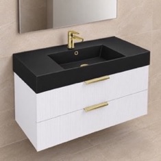 Fluted Floating Bathroom Vanity - 40 inch, Modern, Glossy White, Chrome Handles, Fluted Cabinet