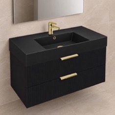 Fluted Black Floating Bathroom Vanity - 40 inch, Modern, Matte Black, Chrome Handles, Fluted Cabinet