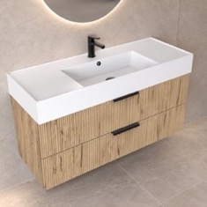 Fluted Floating Bathroom Vanity - 48 inch, Modern, Rustic Brown Oak, Fluted Cabinet