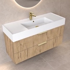 Fluted Floating Bathroom Vanity - 48 inch, Modern, Rustic Brown Oak, Gold Handles, Fluted Cabinet