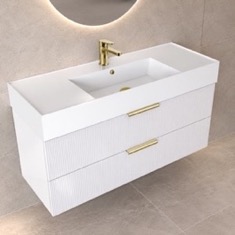 Fluted Floating Bathroom Vanity - 48 inch, Modern, Glossy White, Gold Handles, Fluted Cabinet