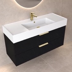Fluted Floating Bathroom Vanity - 48 inch, Modern, Matte Black, Gold Handles, Fluted Cabinet