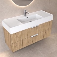 Fluted Floating Bathroom Vanity - 48 inch, Modern, Rustic Brown Oak, Chrome Handles, Fluted Cabinet