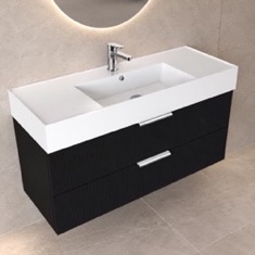 Fluted Floating Bathroom Vanity - 48 inch, Modern, Matte Black, Chrome Handles, Fluted Cabinet