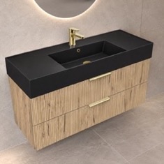 Fluted Floating Bathroom Vanity - 48 inch, Modern, Rustic Brown Oak, Gold Handles, Fluted Cabinet