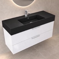 Fluted Floating Bathroom Vanity - 48 inch, Modern, Glossy White, Chrome Handles, Fluted Cabinet