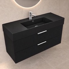 Fluted Black Floating Bathroom Vanity - 48 inch, Modern, Matte Black, Chrome Handles, Fluted Cabinet