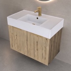 32 inch Floating Bathroom Vanity With Sink - Rustic Brown Oak, Gold Handles, Fluted Cabinet