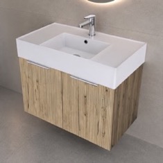 32 inch Floating Bathroom Vanity With Sink - Rustic Brown Oak, Chrome Handles, Fluted Cabinet