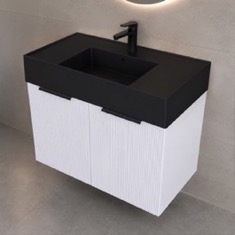 Fluted Floating Bathroom Vanity With Black Sink Top, 32 inch, Modern, Glossy White, Fluted Cabinet