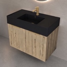 32 inch Floating Bathroom Vanity With Black Sink - Rustic Brown Oak, Gold Handles, Fluted Cabinet