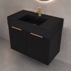 Black Fluted Floating Bathroom Vanity, 32 inch, Modern, Matte Black, Gold Handles, Fluted Cabinet