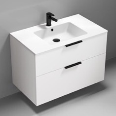White Wall Mounted Bathroom Vanity, Modern, 36 inch