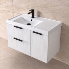Fluted 36 inch Floating Bathroom Vanity With Sink - Modern, Glossy White, Fluted Cabinet
