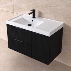 Fluted 36 inch Floating Bathroom Vanity With Sink - Modern, Matte Black, Fluted Cabinet