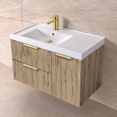 Fluted 36 inch Floating Bathroom Vanity With Sink - Modern, Rustic Brown Oak, Gold Handles, Fluted Cabinet