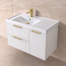 Fluted 36 inch Floating Bathroom Vanity With Sink - Modern, Glossy White, Gold Handles, Fluted Cabinet