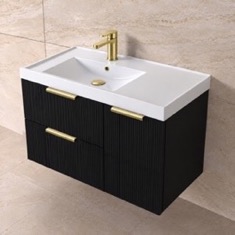 Fluted 36 inch Floating Bathroom Vanity With Sink - Modern, Matte Black, Gold Handles, Fluted Cabinet