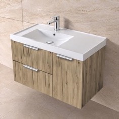 Fluted 36 inch Floating Bathroom Vanity With Sink - Modern, Rustic Brown Oak, Chrome Handles, Fluted Cabinet