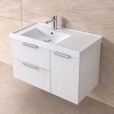 Fluted 36 inch Floating Bathroom Vanity With Sink - Modern, Glossy White, Chrome Handles, Fluted Cabinet