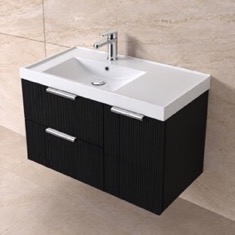 Fluted 36 inch Floating Bathroom Vanity With Sink - Modern, Matte Black, Chrome Handles, Fluted Cabinet