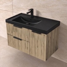 Fluted 36 inch Floating Bathroom Vanity With Black Sink - Modern, Rustic Brown Oak, Fluted Cabinet