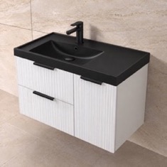 Fluted 36 inch Floating Bathroom Vanity With Black Sink - Modern, Glossy White, Fluted Cabinet