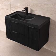 Fluted 36 inch Floating Bathroom Vanity With Black Sink - Modern, Matte Black, Fluted Cabinet