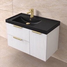 Fluted 36 inch Floating Bathroom Vanity With Black Sink - Modern, Glossy White, Gold Handles, Fluted Cabinet