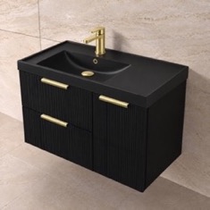 Fluted 36 inch Floating Bathroom Vanity With Black Sink - Modern, Matte Black, Gold Handles, Fluted Cabinet