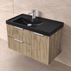 Fluted 36 inch Floating Bathroom Vanity With Black Sink - Modern, Rustic Brown Oak, Chrome Handles, Fluted Cabinet