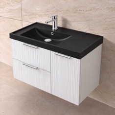 Fluted 36 inch Floating Bathroom Vanity With Black Sink - Modern, Glossy White, Chrome Handles, Fluted Cabinet