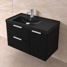 Fluted 36 inch Floating Bathroom Vanity With Black Sink - Modern, Matte Black, Chrome Handles, Fluted Cabinet