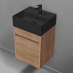16 inch Floating Bathroom Vanity With Black Sink - Small, Modern, Weathered Light Oak