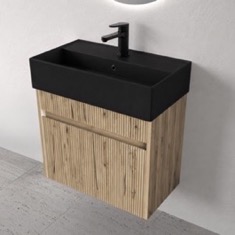 24 inch Floating Bathroom Vanity With Black Sink - Small, Rustic Brown Oak, Fluted Cabinet