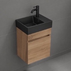 16 inch Floating Bathroom Vanity With Black Sink - Small, Modern, Weathered Light Oak