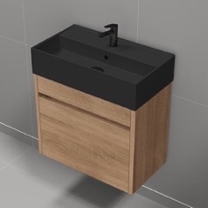 24 inch Floating Bathroom Vanity With Black Sink - Small, Modern, Weathered Light Oak